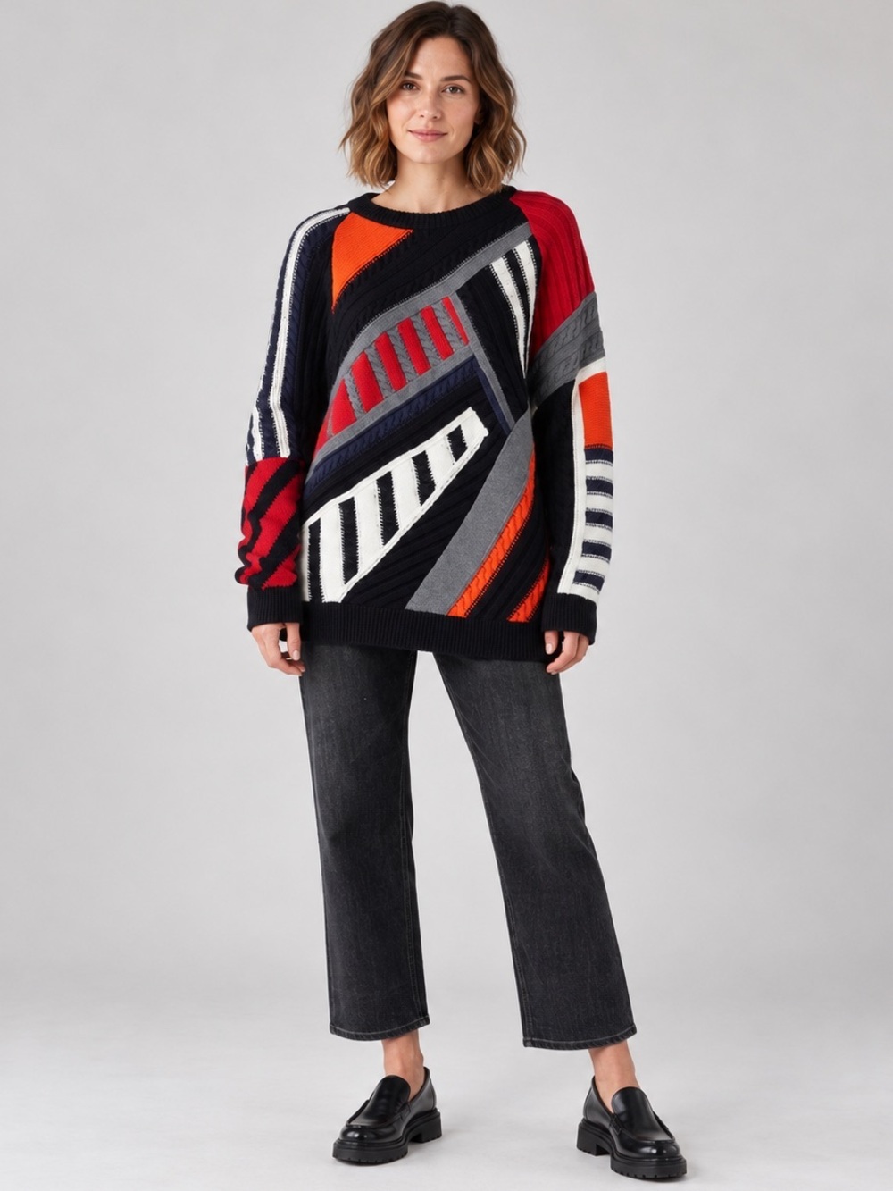 Koche Patchwork Cotton Cashmere Oversized Geometric Sweater Small